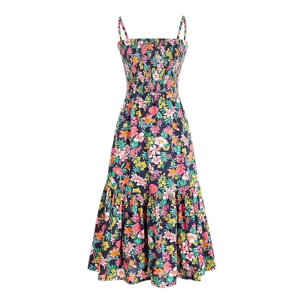 J. Crew Smocked Floral Midi Dress XS Sleeveless Colorful A-line Casual - Picture 7 of 7
